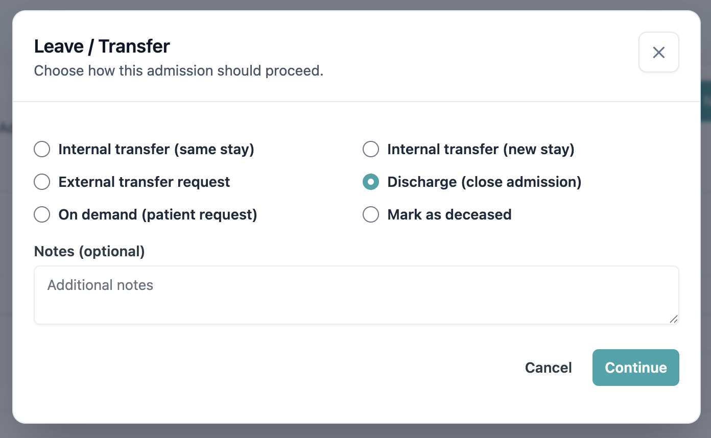 ROKAI HIS leave and transfer options dialog using demonstration content